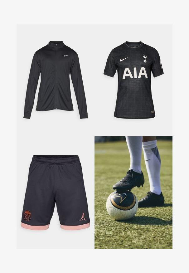 Svart idrottsjacka med långa ärmar, krage och full dragkedja. Har en diskret Nike-logga i vitt på övre vänstra bröstet. Slät yta.; Svart fotbollströja tillverkad av lättviktsmaterial, med ett texturerat mönster, rund hals, korta ärmar och en vit "AIA"-logotyp framtill.; Svarta atletiska shorts i ventilerande tyg, med rosa detaljer på nederkanten och logotyper för Paris Saint-Germain och Jordan.; Svart fotbollssko på en vit och svart mönstrad fotboll, vilande på grön gräs. Skon har texturerat material och snören.