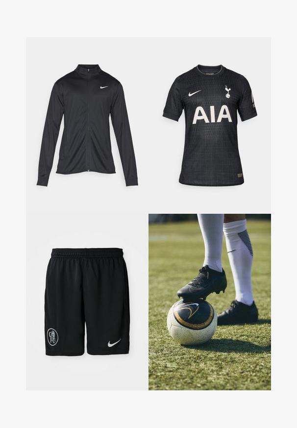 Černá sportovní bunda s dlouhými rukávy, límcem a plným zipem. Má decentní bílou logo značky Nike na horní levé části hrudi. Hladká textura.; Černý fotbalový dres vyrobený z lehkého materiálu, s textured vzorem, kulatým výstřihem, krátkými rukávy a bílým logem "AIA" na přední straně.; Černé sportovní šortky vyrobené z lehkého materiálu, s elastickým pasem, bočními rozparky, bílým logem Nike a kulatým emblémem CFC.; Černé fotbalové kopačky na bílo-černě vzorovaném fotbalovém míči, ležící na zelené trávě. Kopačka má texturovaný materiál a šněrování.