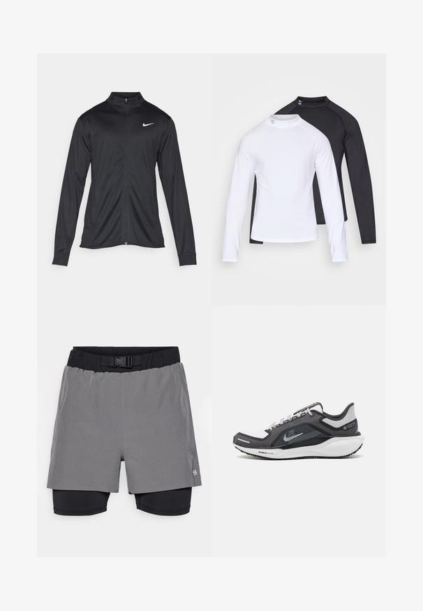 Jacket desportivo preto com mangas longas, colarinho e fecho zip completo. Apresenta um discreto logotipo da Nike em branco na parte superior do lado esquerdo do peito. Textura suave.; Duas blusas de mangas compridas, uma branca e uma preta, feitas de tecido liso e elástico, com design ajustado e decote redondo.; Calções exteriores cinzentos com um forro interior preto, apresentando uma cintura elástica com fecho. Textura suave, corte até ao joelho e detalhe com logotipo.; Sapatilha atlética preta e cinza com parte superior em malha, detalhes reflexivos e uma entressola branca. Apresenta uma sola de borracha texturizada e atacadores.