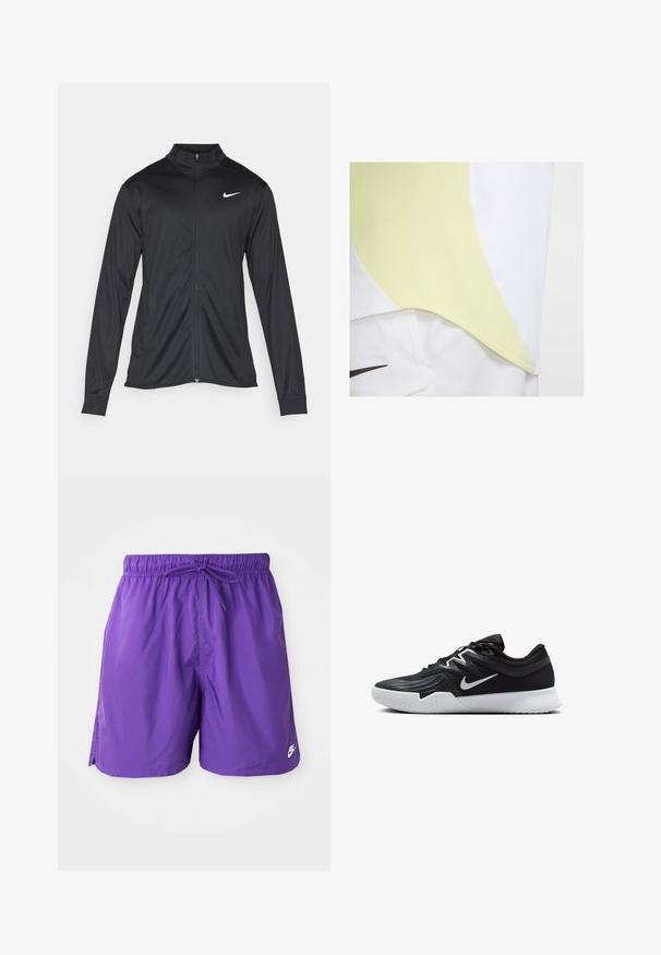 Juodas sportinis švarkas su ilgomis rankovėmis, apykakle ir pilnu užtrauktuku. Yra subtilus baltas Nike logotipas kairėje krūtinės pusėje. Lygus tekstūra.; Trumpas rankovėmis sportinis marškinėliai su baltu pagrindu ir tekstūruota šviesiai geltona kreivąja juosta, akcentuota juodu logotipu apatiniame priekyje.; Violet plaukimo šortai su elastine juosta ir raišteliu. Turi šonines išpjovas ir mažą baltą logotipą apatiniame krašte. Lygi tekstūra.; Juodos sportinės bateliai su tekstūruota viršutine dalimi, balta Nike swoosh ir balta gumine išorine dalimi. Yra su raištelių užsegimo dizainu ir dinamine forma.