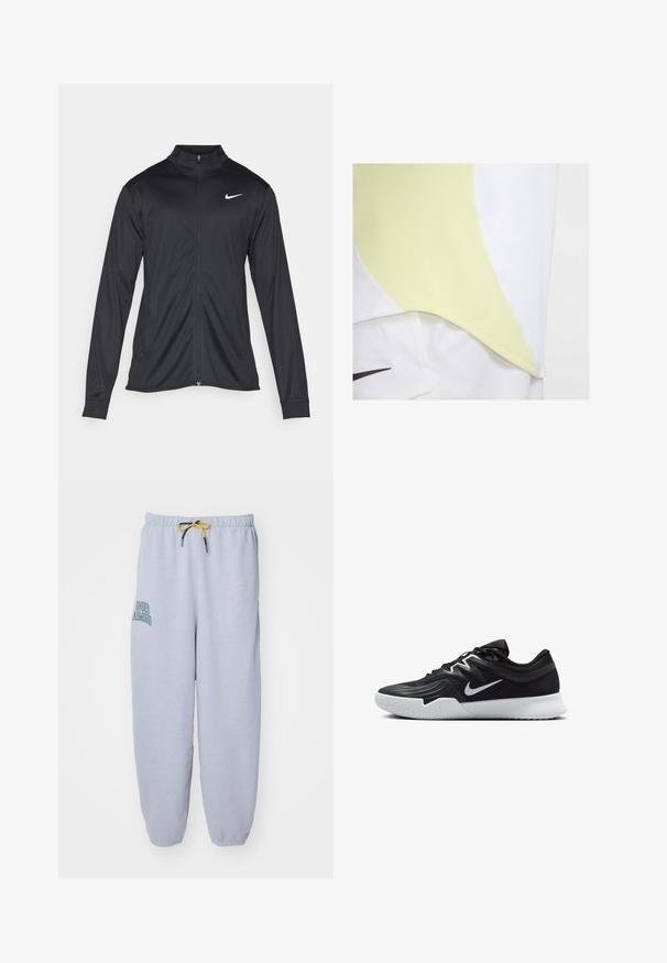 Juodas sportinis švarkas su ilgomis rankovėmis, apykakle ir pilnu užtrauktuku. Yra subtilus baltas Nike logotipas kairėje krūtinės pusėje. Lygus tekstūra.; Trumpas rankovėmis sportinis marškinėliai su baltu pagrindu ir tekstūruota šviesiai geltona kreivąja juosta, akcentuota juodu logotipu apatiniame priekyje.; Šviesiai pilki sportiniai džinsai, pagaminti iš medvilnės mišinio. Turi elastingą juosmenį su geltona raišteliu, šonines kišenes ir žalią "Under Armour" logotipą.; Juodos sportinės bateliai su tekstūruota viršutine dalimi, balta Nike swoosh ir balta gumine išorine dalimi. Yra su raištelių užsegimo dizainu ir dinamine forma.