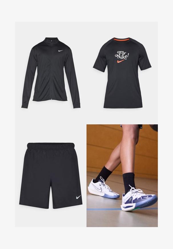 Juodas sportinis švarkas su ilgomis rankovėmis, apykakle ir pilnu užtrauktuku. Yra subtilus baltas Nike logotipas kairėje krūtinės pusėje. Lygus tekstūra.; Juodas trumpas rankovės Nike marškinėliai su "Fly Nike!" tekstu ir oranžiniu swoosh logotipu, pagaminti iš lygaus audinio su raglan rankovėmis.; Juodos sportinės šortai, pagaminti iš lengvos medžiagos, su elastingu juosmeniu. Ant apatinės kairės pusės yra mažas baltas Nike logotipas.; Nike Performance G.T. CUT 3 ASW - Krepšinio batai - white/midnight navy/metallic silver/sail