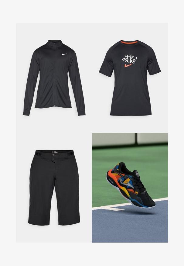 Fekete sportdzseki hosszú ujjal, gallérral és teljes cipzárral. Diszkrét fehér Nike logóval az upper bal mellen. Sima textúra.; Fekete, rövid ujjú Nike póló "Fly Nike!" felirattal és narancssárga swoosh logóval, sima anyagból, raglán ujjakkal készült.; Fekete rövidnadrág, könnyű anyagból készült, gombos záródással, elülső zsebekkel és térdfeletti hosszal, egyenes szegéssel.; Fekete sportcipő színes narancs, kék és sárga akcentusokkal. Texturált felülettel és fehér gumitalppal rendelkezik, mintás bordázattal.