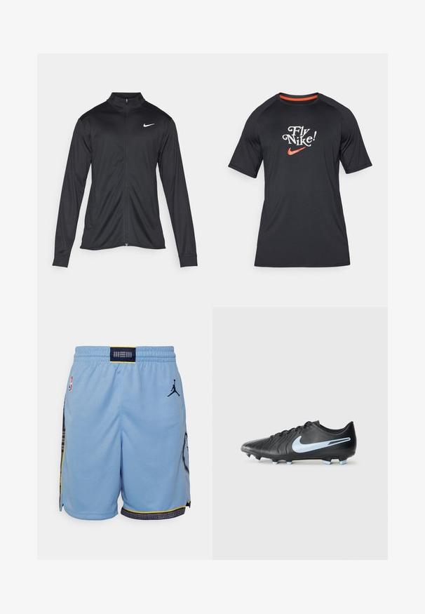 Jacket desportivo preto com mangas longas, colarinho e fecho zip completo. Apresenta um discreto logotipo da Nike em branco na parte superior do lado esquerdo do peito. Textura suave.; T-shirt preta de manga curta da Nike com o texto "Fly Nike!" e o logótipo swoosh em laranja, feita de tecido suave com mangas raglan.; Nike Performance MEM MNK DF SWGMN SHORT STM 22 - Calções desportivos - light blue/college navy; Chuteira de futebol preta com parte superior de couro texturizado, logotipo swoosh azul e cravos azul claros. Apresenta um design elegante e fecho com atacadores.