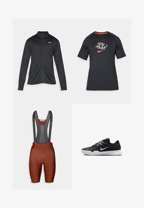 Black athletic jacket with long sleeves, collar, and full zipper. Features a subtle Nike logo in white on the upper left chest. Smooth texture.; Black short-sleeve Nike T-shirt with "Fly Nike!" text and swoosh logo in orange, made of smooth fabric with raglan sleeves.; Brown bib shorts with mesh suspenders, padded seat, and contrasting stitching. Smooth textured fabric, tailored fit for cycling.; Black athletic shoe with a textured upper, white Nike swoosh, and a white rubber outsole. Features a lace-up design and dynamic shape.