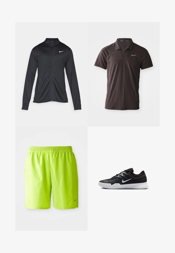 Chaqueta atlética negra con mangas largas, collar y cremallera completa. Presenta un sutil logo de Nike en blanco en la parte superior izquierda del pecho. Textura suave.; Polo de color marrón oscuro hecho de tela texturizada, con una tapeta de tres botones y el logo de Nike Swoosh en el lado izquierdo del pecho.; Bañador de color verde lima brillante con cinturilla elástica y bolsillos laterales, mostrado sobre un fondo blanco liso.; Zapatilla deportiva negra con parte superior texturizada, logo de Nike en blanco y suela de goma blanca. Tiene un diseño con cordones y una forma dinámica.