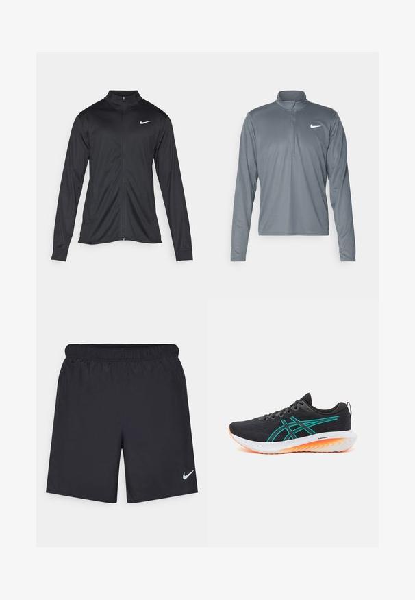 Must värvi sportlik jakk pikkade varrukatega, krae ja täispikk tõmblukk. Ülemises vasakus rinnas on diskreetne valge Nike logo. Sile tekstuur.; Hallika pika varrukaga Nike'i spordipaita, millel on veerand-zipp krae. Valmistatud sileda ja kerge kangaga, millel on rindkeres väike valge logo.; Mustad mustikud lühikesed püksid, mis on valmistatud kergest materjalist ja millel on elastne vöökoht. Alumisel vasakul küljel on väike valge Nike logo.; Mustam jalgrattasaapa, millel on tekstuuriga pealne, türkiissinised aktsendid ja valge vahekiht oranži põhjaga. Kerge disain.