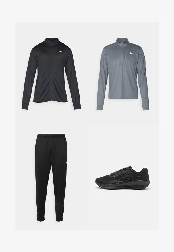 Melna sporta jaka ar garām piedurknēm, apkakli un pilnu rāvējslēdzēju. Uz kreisā krūts augšdaļas ir maigs Nike logo baltā krāsā. Gluda tekstūra.; Pelēks garenais Nike sporta krekls ar ceturtdaļu zipsi. Izgatavots no gludas, vieglas auduma, ar mazu baltu logo uz krūšu.; Melnas sporta bikses, kas izgatavotas no gludas auduma, ar elastīgu jostu, sašaurinošām kājām un mazu balto logo kreisajā pusē.; Melnas sporta apavus, kas izgatavoti no sieta un sintētiskiem materiāliem, ar plūdenu dizainu, mīkstu apkaklīti un gumijas zoli ar saķeri.