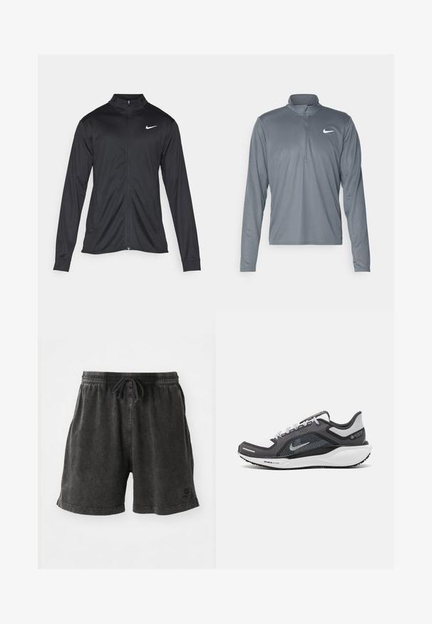 Μαύρο αθλητικό μπουφάν με μακριά μανίκια, γιακά και πλήρη φερμουάρ. Διαθέτει ένα διακριτικό λευκό λογότυπο της Nike στη πάνω αριστερή πλευρά του στήθους. Λείος υφασμάτινος χαρακτήρας.; Γκρι μπλούζα Nike με μακριά μανίκια και γιακά με τέταρτο φερμουάρ. Φτιαγμένη από λείο, ελαφρύ ύφασμα, με μικρό λευκό λογότυπο στο στήθος.; Σορτς σε ανθρακί απόχρωση, κατασκευασμένα από μείγμα βαμβακιού, με ελαστική ζώνη στη μέση και κορδόνι, καθώς και ένα μικρό λογότυπο στην κάτω πλευρά.; Μαύρο και γκρι αθλητικό παπούτσι με επάνω μέρος από διχτυωτό υλικό, ανακλαστικές λεπτομέρειες και λευκή μεσαία σόλα. Διαθέτει υφή από καουτσούκ στην εξωτερική σόλα και κορδόνια.
