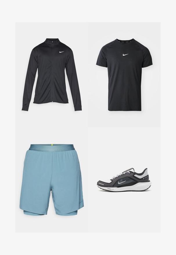Schwarze Sportjacke mit langen Ärmeln, Kragen und voller Reißverschluss. Verfügt über ein dezentes Nike-Logo in Weiß auf der oberen linken Brust. Glatte Textur.; Schwarzes sportliches T-Shirt aus Stoff mit strukturiertem Muster. Es hat kurze Ärmel und ein weißes Nike-Logo auf der Brust.; Helle blaue Sportshorts aus glattem Material, mit einem flachen Bund und integrierten Innenshorts, verziert mit kontrastierenden gelben Details.; Schwarzer und grauer Sportschuh mit einem Mesh-Obermaterial, reflektierenden Akzenten und einer weißen Zwischensohle. Verfügt über eine strukturierte Gummisohle und Schnürsenkel.