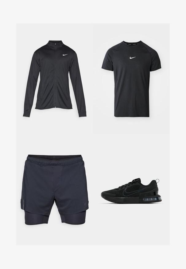 Veste de sport noire à manches longues, avec col et fermeture éclair intégrale. Présente un logo Nike subtil en blanc sur le côté supérieur gauche de la poitrine. Texture lisse.; T-shirt de sport noir fabriqué dans un tissu avec un motif texturé. Il présente des manches courtes et un logo Nike blanc sur la poitrine.; Shorts de sport pour hommes en bleu marine foncé avec une taille élastique, un design superposé et des shorts de compression internes. Comprend une poche latérale et un logo.; Baskets de sport Nike noires avec dessus en maille, semelle en caoutchouc, col rembourré et un accent distinctif au talon transparent.