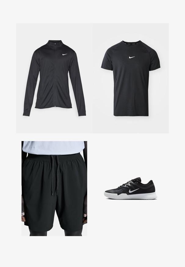 Czarna sportowa kurtka z długimi rękawami, kołnierzem i pełnym zamkiem. Posiada subtelne logo Nike w białym kolorze na lewej górnej części klatki piersiowej. Gładka tekstura.; Czarny sportowy T-shirt wykonany z tkaniny o fakturowanym wzorze. Posiada krótkie rękawy oraz biały logo Nike na piersi.; Czarne spodenki sportowe z elastycznym paskiem i troczkiem. Charakteryzują się gładką teksturą oraz bocznymi kieszeniami, zaprojektowane z myślą o komforcie i swobodzie ruchów.; Czarne buty sportowe z teksturowaną cholewką, białym logo Nike i białą gumową podeszwą. Charakteryzują się sznurowanym zapięciem i dynamicznym kształtem.