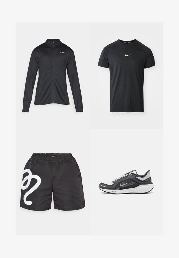 Chaqueta atlética negra con mangas largas, collar y cremallera completa. Presenta un sutil logo de Nike en blanco en la parte superior izquierda del pecho. Textura suave.; Camiseta deportiva negra hecha de una tela con un patrón texturizado. Presenta mangas cortas y un logo blanco de Nike en el pecho.; Pantalones cortos deportivos negros hechos de un tejido ligero, con una cinturilla elástica y un gran diseño gráfico blanco en la pierna izquierda.; Zapatilla deportiva negro y gris con parte superior de malla, acentos reflectantes y una entresuela blanca. Presenta una suela de goma texturizada y cordones.