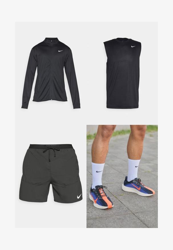 Čierna športová bunda s dlhými rukávmi, golierom a plným zipsom. Obsahuje nenápadné logo Nike v bielej farbe na hornej ľavej hrudi. Hladká textúra.; Čierna bezrukávová atletická košieľka vyrobená z hladkej tkaniny, s okrúhlym výstrihom a malým bielym logom Nike swoosh na ľavej hornej strane.; Čierne bežecké šortky s elastickým pásom, šnúrkou na stiahnutie, bočnými vreckami a bielym logom Nike na dolnej ľavej nohe.; Bežecké topánky Nike v námořní modrej farbe s oranžovými akcentmi. Vrchný materiál z priedušnej siete, hrubá biela podrážka a čierne šnúrky. Nosené s bielymi ponožkami.