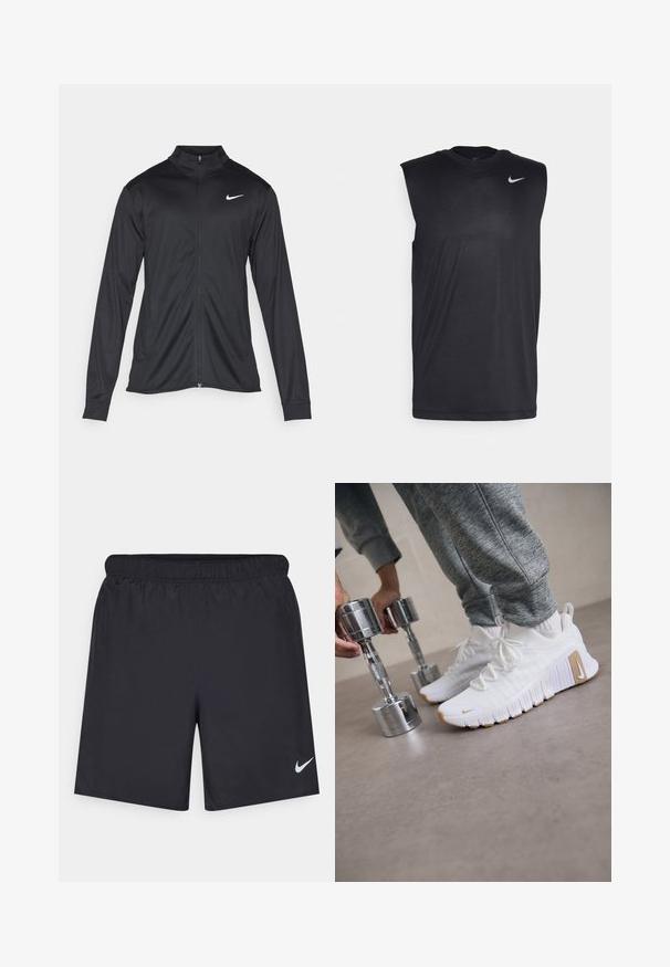 Black athletic jacket with long sleeves, collar, and full zipper. Features a subtle Nike logo in white on the upper left chest. Smooth texture.; Black sleeveless athletic shirt made of smooth fabric, featuring a round neck and a small white Nike swoosh logo on the upper left side.; Black athletic shorts made of lightweight material with an elastic waistband. Features a small white Nike logo on the lower left side.; White athletic shoes with textured upper, flat rubber sole, and light brown accents. Silver dumbbells in the foreground. Gray sweatpants visible.