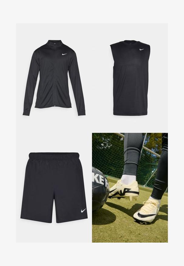Jachetă sportivă neagră cu mâneci lungi, guler și fermoar complet. Prezintă un logo Nike subtil, alb, pe pieptul din stânga sus. Textură netedă.; Cămașă sport fără mâneci, de culoare neagră, confecționată dintr-un material fin, cu guler rotund și un mic logo Swoosh alb Nike pe partea superioară stângă.; Pantaloni scurți atletici negri, fabricați dintr-un material ușor, cu un talie elastică. Au un mic logo alb Nike în partea stângă jos.; Ghete de fotbal Nike în crem cu accente negre, superior texturat, logo proeminent și cuie conice. Minge de fotbal neagră aproape, pe o suprafață de iarbă.