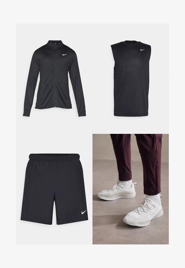 Schwarze Sportjacke mit langen Ärmeln, Kragen und voller Reißverschluss. Verfügt über ein dezentes Nike-Logo in Weiß auf der oberen linken Brust. Glatte Textur.; Schwarzes ärmelloses Sportshirt aus glattem Material, mit rundem Ausschnitt und kleinem weißen Nike-Swoosh-Logo an der oberen linken Seite.; Schwarze sportliche Shorts aus leichtem Material mit einem elastischen Bund. Auf der unteren linken Seite befindet sich ein kleines weißes Nike-Logo.; Weiße Sportschuhe mit strukturierter Oberfläche, ausgestattet mit grauen Akzenten, flachen Schnürsenkeln und dem Nike-Logo, kombiniert mit bordeauxroten Sporthosen und weißen Socken.