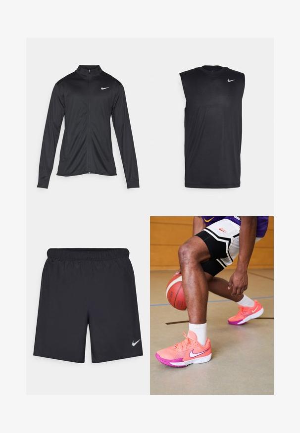 Musta urheilutakki pitkillä hihoilla, kauluksella ja kokonaisella vetoketjulla. Täydentää hienovarainen Nike-logo valkoisena vasemmassa ylärinnassa. Litteä pinta.; Musta hihaton urheilupaita, joka on valmistettu sileästä kankaasta. Paidassa on pyöreä pääntie ja pieni valkoinen Nike-tikkusuora logo vasemmalla ylhäällä.; Mustat urheilushortsit, jotka on valmistettu kevyestä materiaalista ja joissa on joustava vyötärö. Alareunassa vasemmalla puolella on pieni valkoinen Nike-logo.; Nike koripallokengät kirkkaan vaaleanpunaisina ja purppuranvärisinä, verkkokudoksella, joissa on valkoinen logo ja tekstuuripohjat, puulattialla.