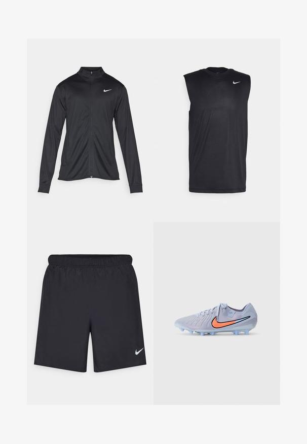 Čierna športová bunda s dlhými rukávmi, golierom a plným zipsom. Obsahuje nenápadné logo Nike v bielej farbe na hornej ľavej hrudi. Hladká textúra.; Čierna bezrukávová atletická košieľka vyrobená z hladkej tkaniny, s okrúhlym výstrihom a malým bielym logom Nike swoosh na ľavej hornej strane.; Čierne atletické šortky z ľahkého materiálu s elastickým pásom. Na dolnej ľavej strane majú malé biele logo Nike.; Svetlomodré futbalové kopačky s textúrovaným povrchom, čierny a oranžový Nike symbol a priehľadné modré kolíky pre lepšiu trakciu.