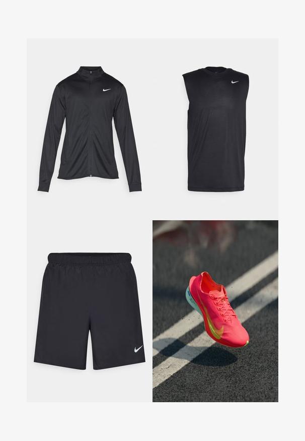 Crna sportska jakna s dugim rukavima, ovratnikom i punim patentnim zatvaračem. Ima suptilan Nike logo u bijeloj boji na gornjem lijevom dijelu prsne oznake. Glatka tekstura.; Crni bezrukavni sportski dukserica izrađena od glatkog materijala, s okruglim izrezom i malim bijelim Nike swoosh logotipom na gornjoj lijevoj strani.; Crne atletske kratke hlače od laganog materijala s elastičnom tačkom. Imaju mali bijeli Nike logo na donjoj lijevoj strani.; Jarke za trčanje u svijetloj ružičastoj boji s teksturiranim gornjim dijelom, žutim detaljima i laganom potplatu, koji se blago odbija od tamne površine.