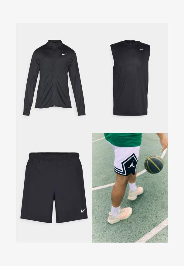 Jachetă sportivă neagră cu mâneci lungi, guler și fermoar complet. Prezintă un logo Nike subtil, alb, pe pieptul din stânga sus. Textură netedă.; Cămașă sport fără mâneci, de culoare neagră, confecționată dintr-un material fin, cu guler rotund și un mic logo Swoosh alb Nike pe partea superioară stângă.; Pantaloni scurți atletici negri, fabricați dintr-un material ușor, cu un talie elastică. Au un mic logo alb Nike în partea stângă jos.; Pantaloni scurți de baschet alb-negru cu un design în formă de diamant și logo. Adidași de culoare deschisă cu un model spiralat și linii de accent. Mingea de baschet în mișcare.