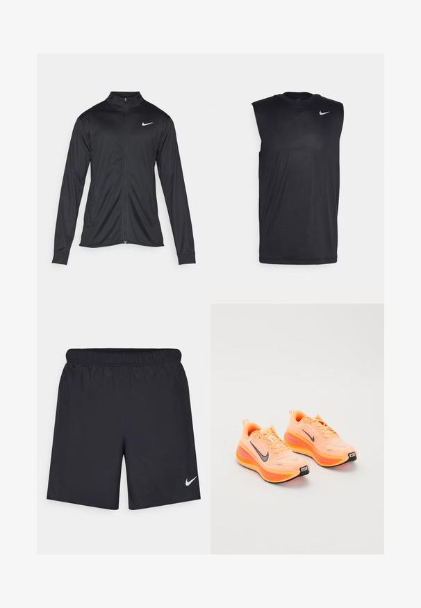 Black athletic jacket with long sleeves, collar, and full zipper. Features a subtle Nike logo in white on the upper left chest. Smooth texture.; Black sleeveless athletic shirt made of smooth fabric, featuring a round neck and a small white Nike swoosh logo on the upper left side.; Black athletic shorts made of lightweight material with an elastic waistband. Features a small white Nike logo on the lower left side.; Pair of bright orange Nike ZoomX running shoes with black swoosh logos and thick cushioned soles on a white background.