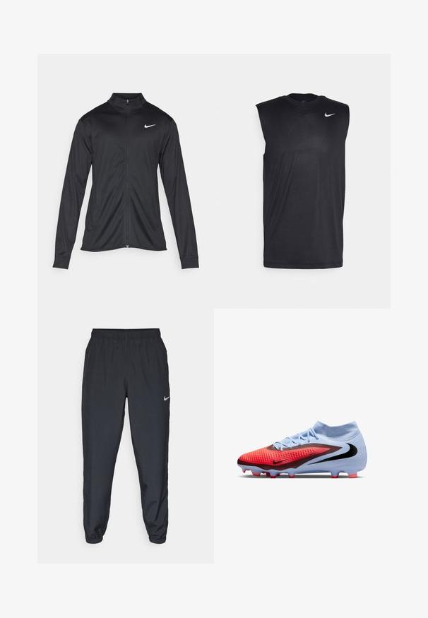 Czarna sportowa kurtka z długimi rękawami, kołnierzem i pełnym zamkiem. Posiada subtelne logo Nike w białym kolorze na lewej górnej części klatki piersiowej. Gładka tekstura.; Czarna bezrękawnikowa koszulka sportowa wykonana z gładkiego materiału, z okrągłym dekoltem i małym białym logo Nike w kształcie smoka na górnej lewej stronie.; Czarne spodnie dresowe wykonane z lekkiego materiału, z elastycznym paskiem w talii, ściągaczami na kostkach oraz dyskretnym logo Nike po lewej stronie.; Jasnoniebieskie i czerwone korki do piłki nożnej Nike z czarnym logo, teksturowana cholewka, skarpetkowe wykończenie kostki i formowane korki z czerwonymi końcówkami.