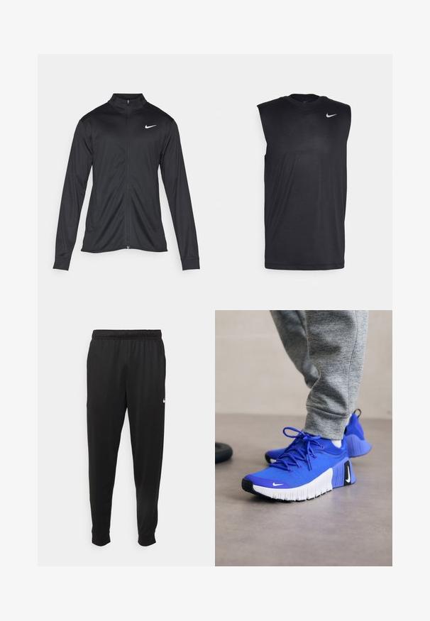 Juodas sportinis švarkas su ilgomis rankovėmis, apykakle ir pilnu užtrauktuku. Yra subtilus baltas Nike logotipas kairėje krūtinės pusėje. Lygus tekstūra.; Juodas be rankovių sportinis marškinėlis, pagamintas iš lygaus audinio, su apvalia iškirpte ir mažuoju baltu "Nike" swoosh logotipu kairėje viršutinėje pusėje.; Juodi sportiniai kelnės, pagamintos iš lygaus audinio, turinčios elastinę juosmenį, siaurėjantys sijonai ir mažas baltas logotipas kairėje pusėje.; Mėlyni sportiniai batai su tekstūruotu audiniu viršuje, balta padu ir juodais akcentais. Yra raišteliai ir liekna, ergonomiška forma.
