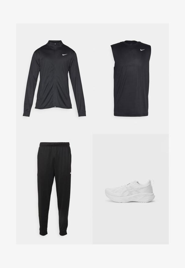 Črna atletska jakna z dolgimi rokavi, ovratnikom in polnim zadrgo. Vključuje diskreten bel Nike logotip na zgornjem levem delu prsnega koša. Gladka tekstura.; Črna brezrokavna športna majica iz gladkega materiala, s krožnim izrezom in majhnim belim Nike logotipom v obliki kljukice na zgornji levi strani.; Črne športne hlače iz gladkega materiala, z elastičnim pasom, zoženimi hlačnicami in majhnim belim logotipom na levi strani.; Bela atletska čevlja z zgornjim delom iz teksturirane mreže, inovativno blaženje, ukrivljenim podplatom in zanko na peti za lažje obuvanje.