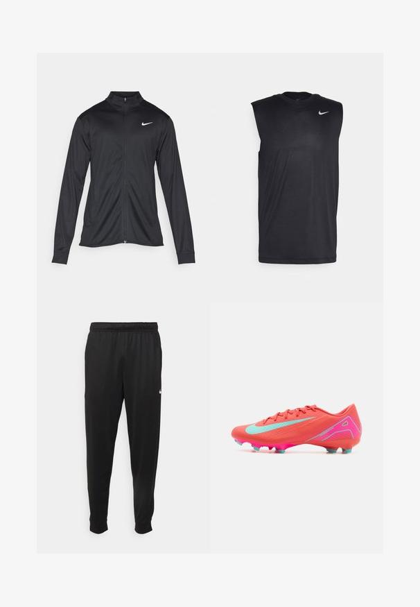 Musta urheilutakki pitkillä hihoilla, kauluksella ja kokonaisella vetoketjulla. Täydentää hienovarainen Nike-logo valkoisena vasemmassa ylärinnassa. Litteä pinta.; Musta hihaton urheilupaita, joka on valmistettu sileästä kankaasta. Paidassa on pyöreä pääntie ja pieni valkoinen Nike-tikkusuora logo vasemmalla ylhäällä.; Mustat urheiluhousut, jotka on valmistettu sileästä kankaasta. Niissä on joustava vyötärö, kapenevat lahkeet ja pieni valkoinen logo vasemmalla puolella.; Nike jalkapallokengät, joissa on eloisa korallinvärinen päällinen, akva siniset yksityiskohdat ja vaaleanpunainen pohja, jossa on muotoillut piikit pitoa varten.