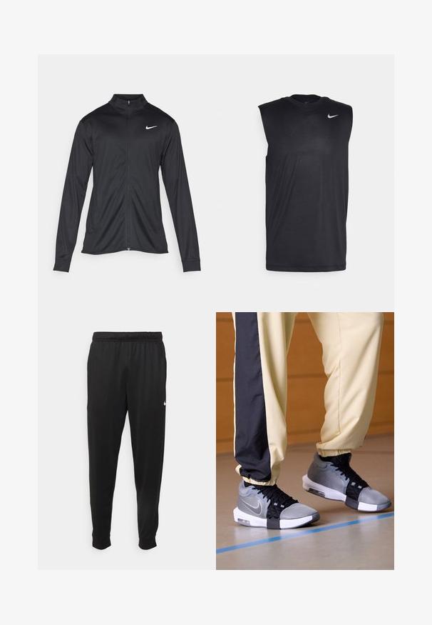 Svart idrottsjacka med långa ärmar, krage och full dragkedja. Har en diskret Nike-logga i vitt på övre vänstra bröstet. Slät yta.; Svart ärmlös träningströja i mjukt tyg med rund halsringning och en liten vit Nike swoosh-logotyp på övre vänstra sidan.; Svarta träningsbyxor i slät tyg, med elastisk midja, avsmalnande ben och en liten vit logotyp på vänster sida.; Grå och svarta sportskor i mesh och textil, med vit sula och snörningsdesign, bärs tillsammans med gula och svarta byxor.