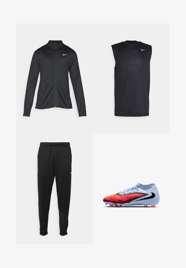 Czarna sportowa kurtka z długimi rękawami, kołnierzem i pełnym zamkiem. Posiada subtelne logo Nike w białym kolorze na lewej górnej części klatki piersiowej. Gładka tekstura.; Czarna bezrękawnikowa koszulka sportowa wykonana z gładkiego materiału, z okrągłym dekoltem i małym białym logo Nike w kształcie smoka na górnej lewej stronie.; Czarne sportowe spodnie wykonane z gładkiego materiału, z elastycznym pasem, zwężanymi nogawkami i małym białym logo po lewej stronie.; Jasnoniebieskie i czerwone korki do piłki nożnej Nike z czarnym logo, teksturowana cholewka, skarpetkowe wykończenie kostki i formowane korki z czerwonymi końcówkami.
