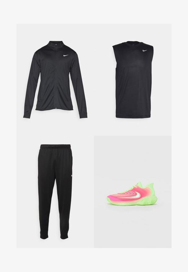 Μαύρο αθλητικό μπουφάν με μακριά μανίκια, γιακά και πλήρη φερμουάρ. Διαθέτει ένα διακριτικό λευκό λογότυπο της Nike στη πάνω αριστερή πλευρά του στήθους. Λείος υφασμάτινος χαρακτήρας.; Μαύρο αθλητικό μπλουζάκι χωρίς μανίκια από λείο ύφασμα, με στρογγυλή λαιμόκοψη και μικρό λευκό λογότυπο Nike στην επάνω αριστερή πλευρά.; Μαύρο αθλητικό παντελόνι από λείο ύφασμα, με ελαστική μέση, κοφτά μπατζάκια και μικρό λευκό λογότυπο στην αριστερή πλευρά.; Νέον ροζ και πράσινο αθλητικό παπούτσι με υφή στο άνω μέρος, κυματιστή σόλα και ανακλαστικές ασημένιες λεπτομέρειες. Τα κορδόνια είναι ενσωματωμένα στο σχέδιο.