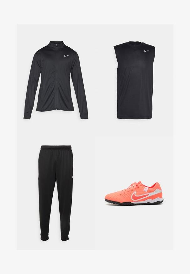 Svart idrottsjacka med långa ärmar, krage och full dragkedja. Har en diskret Nike-logga i vitt på övre vänstra bröstet. Slät yta.; Svart ärmlös träningströja i mjukt tyg med rund halsringning och en liten vit Nike swoosh-logotyp på övre vänstra sidan.; Svarta träningsbyxor i slät tyg, med elastisk midja, avsmalnande ben och en liten vit logotyp på vänster sida.; Nike fotbollsskor, lysande rosa med vita detaljer, texturerad ovandel, standard snörning och svart gummisul för bra grepp.