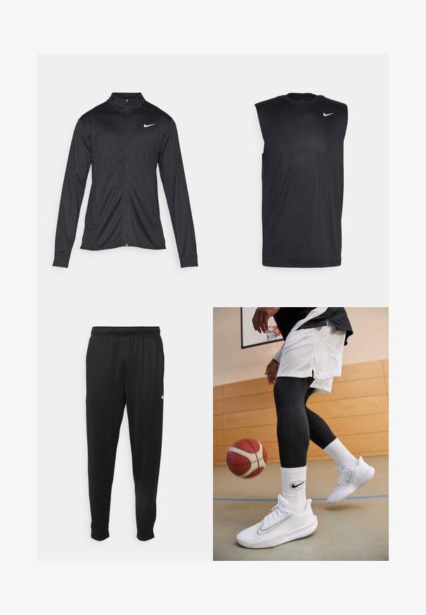 Black athletic jacket with long sleeves, collar, and full zipper. Features a subtle Nike logo in white on the upper left chest. Smooth texture.; Black sleeveless athletic shirt made of smooth fabric, featuring a round neck and a small white Nike swoosh logo on the upper left side.; Black athletic pants made of smooth fabric, featuring an elastic waistband, tapered legs, and a small white logo on the left side.; Nike Performance PRECISION 7 - Basketball shoes - white/light smoke grey/photon dust