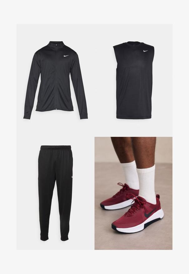 Jachetă sportivă neagră cu mâneci lungi, guler și fermoar complet. Prezintă un logo Nike subtil, alb, pe pieptul din stânga sus. Textură netedă.; Cămașă sport fără mâneci, de culoare neagră, confecționată dintr-un material fin, cu guler rotund și un mic logo Swoosh alb Nike pe partea superioară stângă.; Pantaloni sportivi negri dintr-o țesătură netedă, cu un elastic la brâu, picioare conice și un mic logo alb pe partea stângă.; Adidași roșii texturați cu un swoosh Nike negru, talpă albă și accente negre, asortați cu șosete albe cu dungi.