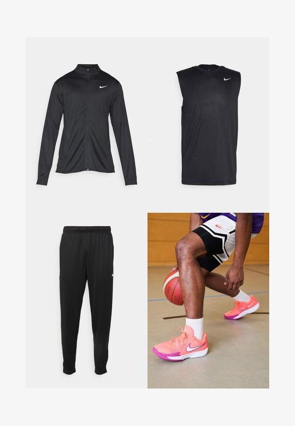 Black athletic jacket with long sleeves, collar, and full zipper. Features a subtle Nike logo in white on the upper left chest. Smooth texture.; Black sleeveless athletic shirt made of smooth fabric, featuring a round neck and a small white Nike swoosh logo on the upper left side.; Black athletic pants made of smooth fabric, featuring an elastic waistband, tapered legs, and a small white logo on the left side.; Nike basketball shoes in bright pink and purple with mesh detailing, featuring a white logo and textured soles, on a hardwood court.