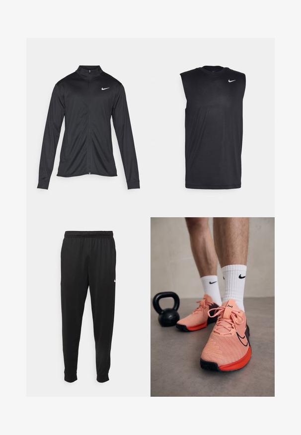 Musta urheilutakki pitkillä hihoilla, kauluksella ja kokonaisella vetoketjulla. Täydentää hienovarainen Nike-logo valkoisena vasemmassa ylärinnassa. Litteä pinta.; Musta hihaton urheilupaita, joka on valmistettu sileästä kankaasta. Paidassa on pyöreä pääntie ja pieni valkoinen Nike-tikkusuora logo vasemmalla ylhäällä.; Mustat urheiluhousut, jotka on valmistettu sileästä kankaasta. Niissä on joustava vyötärö, kapenevat lahkeet ja pieni valkoinen logo vasemmalla puolella.; Nike urheilukengät vaaleanpunaisesta verkkomateriaalista mustilla yksityiskohdilla. Coolit paksut nauhat, pehmustettu kieli ja teksturoitu pohja. Valkoiset sukat logolla. Musta kahvakuula lähettyvillä.