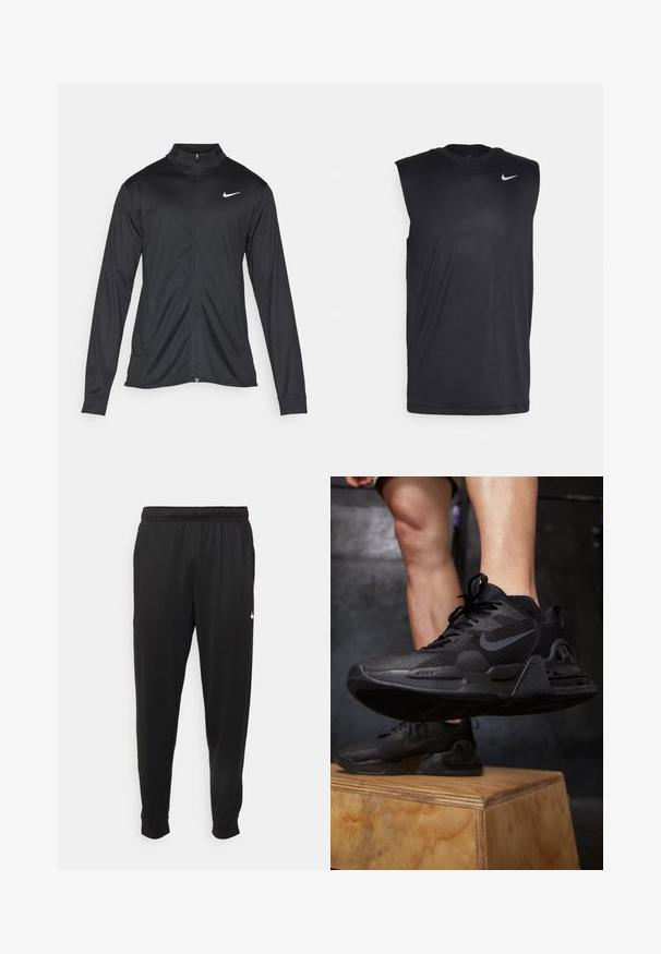Črna atletska jakna z dolgimi rokavi, ovratnikom in polnim zadrgo. Vključuje diskreten bel Nike logotip na zgornjem levem delu prsnega koša. Gladka tekstura.; Črna brezrokavna športna majica iz gladkega materiala, s krožnim izrezom in majhnim belim Nike logotipom v obliki kljukice na zgornji levi strani.; Črne športne hlače iz gladkega materiala, z elastičnim pasom, zoženimi hlačnicami in majhnim belim logotipom na levi strani.; Črne športne čevlje imajo teksturirano mrežico zgornjega dela, trden podplat, izrazit logotip in vezalke, postavljene na leseno platformo.