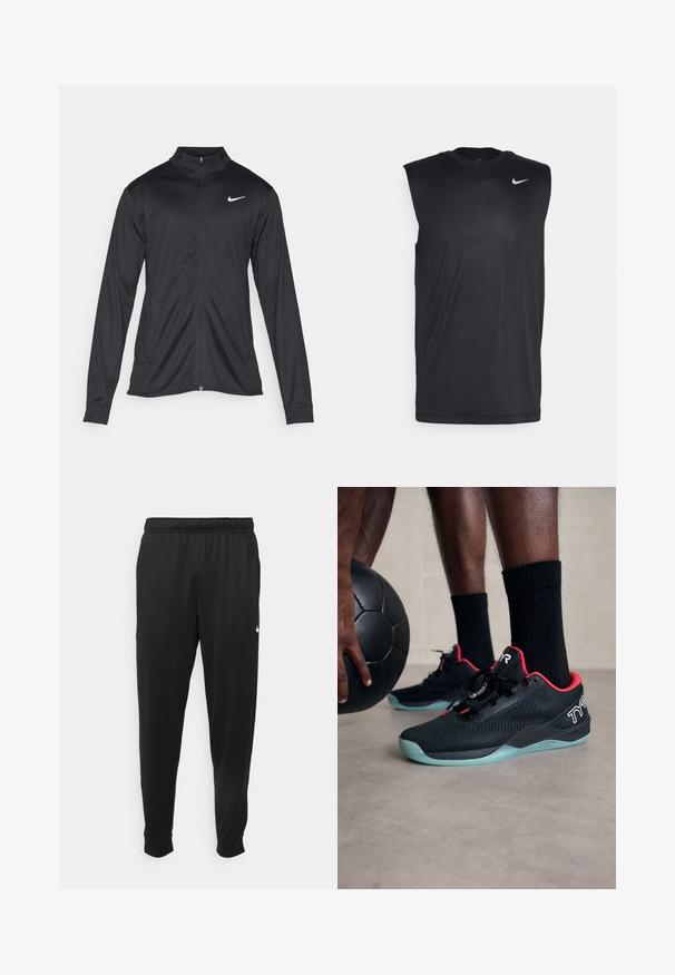 Zwarte sportjack met lange mouwen, kraag en volle rits. Voorzien van een subtiele Nike-logo in het wit op de bovenste linkerborst. Soepele textuur.; Zwarte mouwloze sportshirt gemaakt van gladde stof, met een ronde hals en een klein wit Nike swooshlogo aan de bovenlinkerkant.; Zwarte sportbroek gemaakt van gladde stof, met een elastische tailleband, taps toelopende pijpen en een klein wit logo aan de linkerzijde.; Zwarte sport schoenen met rode accenten, bovenwerk van mesh, vetersluiting ontwerp en een lichtblauwe doorzichtige zool, naast een zwarte bal.