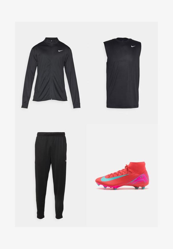 Must värvi sportlik jakk pikkade varrukatega, krae ja täispikk tõmblukk. Ülemises vasakus rinnas on diskreetne valge Nike logo. Sile tekstuur.; Mustamugav sportlike õhuke särk, millel on ümmargune kaelus ja väike valge Nike swooshi logo vasakul ülanurgas.; Mustad mustekad athletic-püksid sujuvast kangast, elastse vöökoha, kitsenevate jalgade ja väikese valge logoga vasakul küljel.; Nike jalgpallijalatsid erksas punases värvitoonis, millel on türkiissinine swoosh. Omavad kõrget pahkluku disaini, tekstureeritud pealmist osa ja roosa välispinda, millel on vormitud kuivikud.