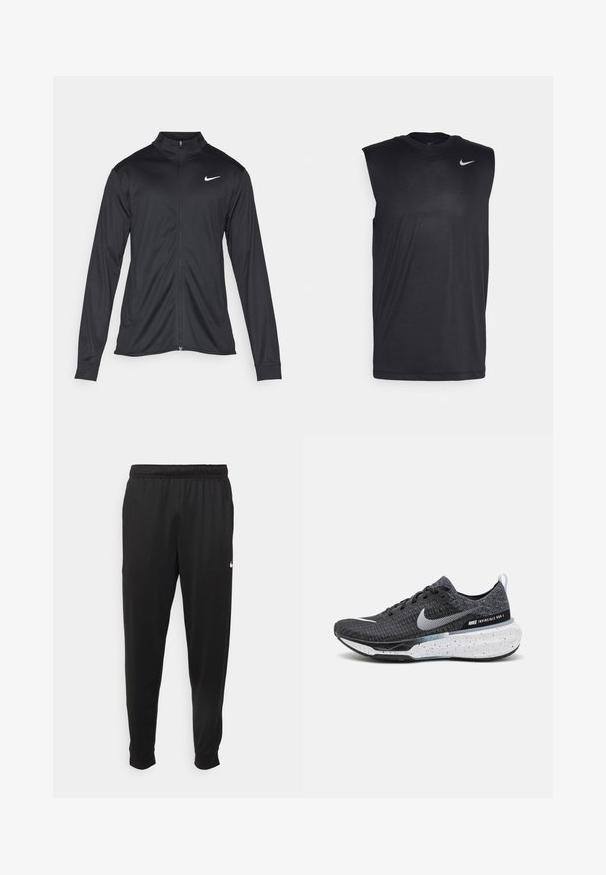 Must värvi sportlik jakk pikkade varrukatega, krae ja täispikk tõmblukk. Ülemises vasakus rinnas on diskreetne valge Nike logo. Sile tekstuur.; Mustamugav sportlike õhuke särk, millel on ümmargune kaelus ja väike valge Nike swooshi logo vasakul ülanurgas.; Mustad mustekad athletic-püksid sujuvast kangast, elastse vöökoha, kitsenevate jalgade ja väikese valge logoga vasakul küljel.; Nike Invincible Run 3 omaduseks on must kudum ülaserv, valge logo, täpiline valge tald ja mugavusele mõeldud pehmendatud kuju.