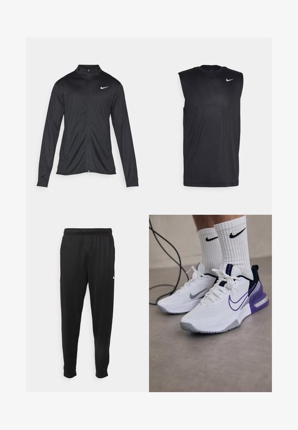 Jachetă sportivă neagră cu mâneci lungi, guler și fermoar complet. Prezintă un logo Nike subtil, alb, pe pieptul din stânga sus. Textură netedă.; Cămașă sport fără mâneci, de culoare neagră, confecționată dintr-un material fin, cu guler rotund și un mic logo Swoosh alb Nike pe partea superioară stângă.; Pantaloni sportivi negri dintr-o țesătură netedă, cu un elastic la brâu, picioare conice și un mic logo alb pe partea stângă.; Adidași albi cu superior din plasă, accente violet și talpă gri. Purtați cu șosete albe cu dungi, care au un logo negru. O sfoară se află în apropiere.
