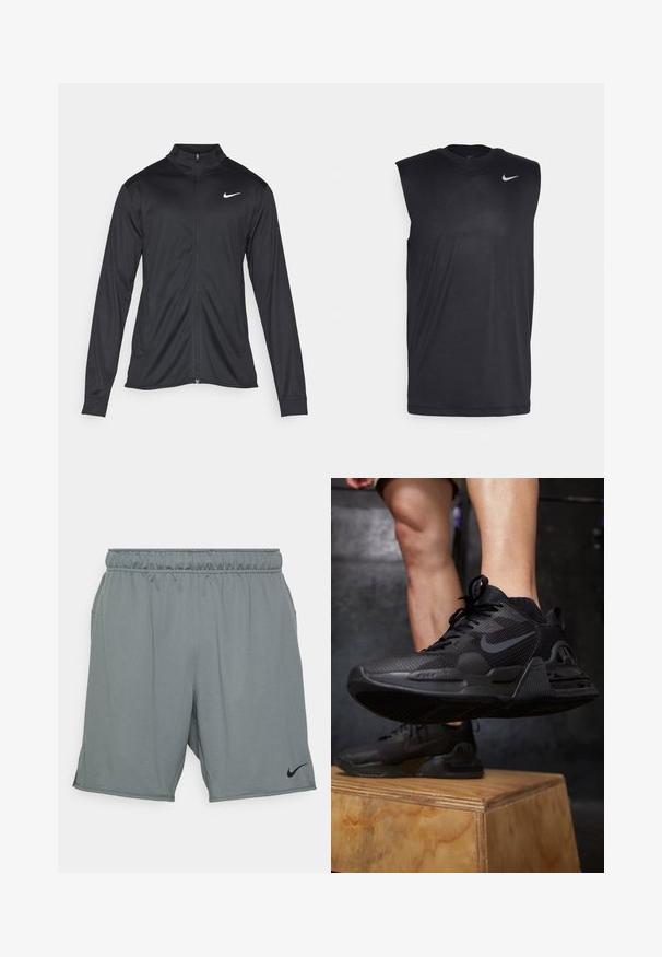Musta urheilutakki pitkillä hihoilla, kauluksella ja kokonaisella vetoketjulla. Täydentää hienovarainen Nike-logo valkoisena vasemmassa ylärinnassa. Litteä pinta.; Musta hihaton urheilupaita, joka on valmistettu sileästä kankaasta. Paidassa on pyöreä pääntie ja pieni valkoinen Nike-tikkusuora logo vasemmalla ylhäällä.; Harmaat urheilushortsit, jotka on valmistettu sileästä kankaasta. Niissä on joustava vyötärö ja sivutaskut, musta Nike-logo.; Mustat urheilukengät, joissa on teksturoitu verkkopäällinen, kestävä pohja, hieno logo ja nauhat, asetettu puualustalle.