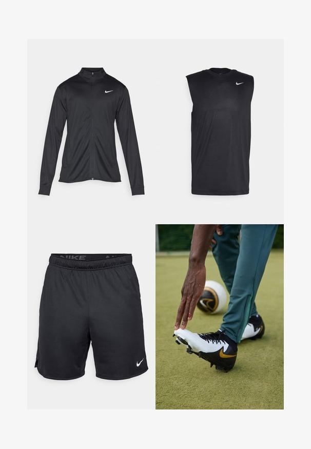Zwarte sportjack met lange mouwen, kraag en volle rits. Voorzien van een subtiele Nike-logo in het wit op de bovenste linkerborst. Soepele textuur.; Zwarte mouwloze sportshirt gemaakt van gladde stof, met een ronde hals en een klein wit Nike swooshlogo aan de bovenlinkerkant.; Zwarte Nike shorts met elastische tailleband, zijsplitten en een wit Nike-logo op de onderste zoom. Gemaakt van lichtgewicht, gestructureerde stof.; Nike voetbalschoen met een wit en zwart ontwerp met gouden accenten, een getextureerd oppervlak en zichtbare noppen, geplaatst op groen kunstgras met een bal in de buurt.