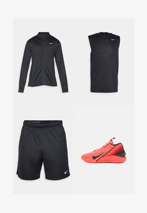 Fekete sportdzseki hosszú ujjal, gallérral és teljes cipzárral. Diszkrét fehér Nike logóval az upper bal mellen. Sima textúra.; Fekete ujjatlan sportpóló sima anyagból, kerek nyakkal, és egy kis fehér Nike swoosh logóval a bal felső oldalon.; Fekete Nike sort, elasztikus derékkal, oldalsó hasítékokkal és fehér Nike logóval az alsó szegélyen. Könnyű, texturált anyagból készült.; Sportcipő, élénk piros felsőrésszel, texturált hálós anyaggal, fekete kiegészítőkkel és kontrasztos talpformával. Tartalmazza a márkázott logót.