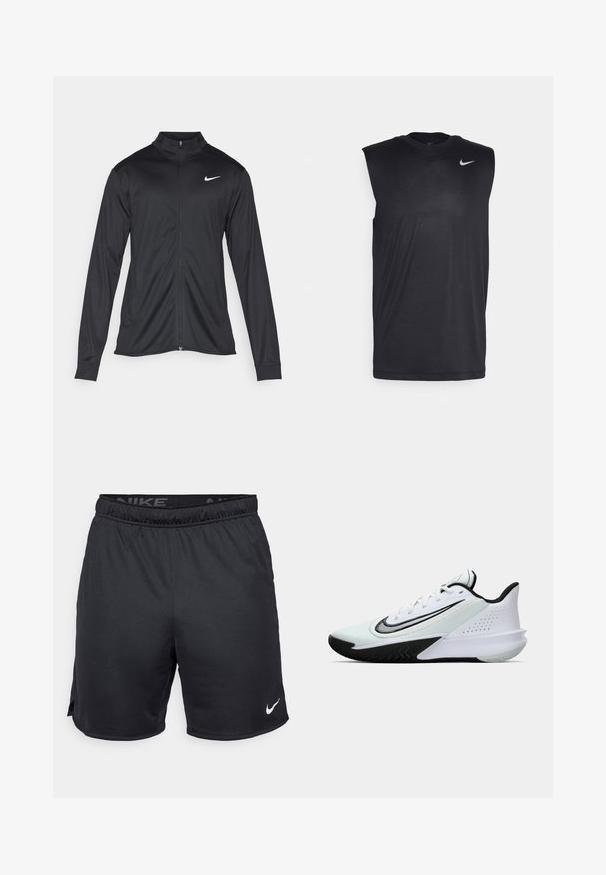 Sort atletisk jakke med lange ærmer, krave og fuld lynlås. Har et diskret Nike-logo i hvidt på den øverste venstre side af brystet. Glat tekstur.; Sort ærmeløs træningsskjorte lavet af glat stof med rund hals og et lille hvidt Nike swoosh-logo på den øverste venstre side.; Sorte Nike shorts med elastisk talje, sidesplitter og et hvidt Nike-logo på den nederste kant. Lavet af let, struktureret stof.; Hvid og sort lav-top atletisk sko med snørebånd og et stort sort swoosh-logo på siden, vist fra den ydre side.
