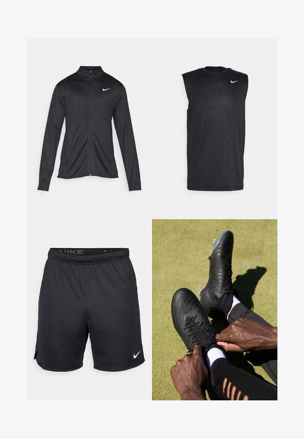 Czarna sportowa kurtka z długimi rękawami, kołnierzem i pełnym zamkiem. Posiada subtelne logo Nike w białym kolorze na lewej górnej części klatki piersiowej. Gładka tekstura.; Czarna bezrękawnikowa koszulka sportowa wykonana z gładkiego materiału, z okrągłym dekoltem i małym białym logo Nike w kształcie smoka na górnej lewej stronie.; Czarne szorty Nike z elastycznym pasem, bocznymi rozcięciami i białym logo Nike na dolnym brzegu. Wykonane z lekkiej, teksturowanej tkaniny.; Czarne korki piłkarskie z teksturowanym wierzchem i czarnymi sznurowadłami, zaciągane przez dłonie. Na tle zielonej powierzchni, w komplecie z czarnym strojem sportowym i białymi skarpetami.