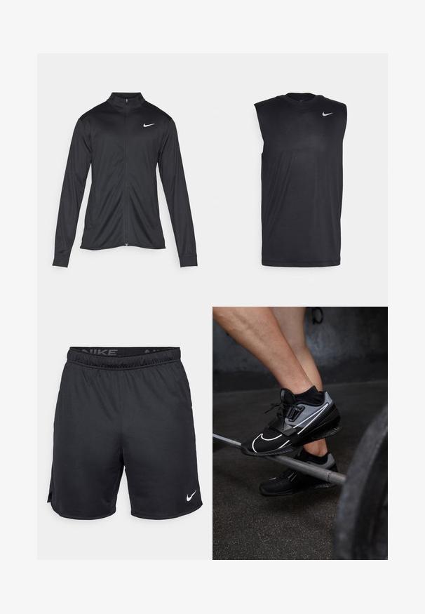 Melna sporta jaka ar garām piedurknēm, apkakli un pilnu rāvējslēdzēju. Uz kreisā krūts augšdaļas ir maigs Nike logo baltā krāsā. Gluda tekstūra.; Melna bezpiedurkņu sporta krekls, izgatavots no gludas auduma, ar apaļu kakla izgriezumu un mazu baltu Nike swoosh logotipu augšējā kreisajā stūrī.; Melni Nike šorti ar elastīgu jostasvietu, sānu šķēlumiem un baltu Nike logotipu apakšējā malā. Izgatavoti no viegla, teksturēta auduma.; Melnas un pelēkas sporta apavus ar acs materiālu, izteiktu Nike logo, platu siksnu un baltām akcentiem, novietoti uz svaru stieņa.