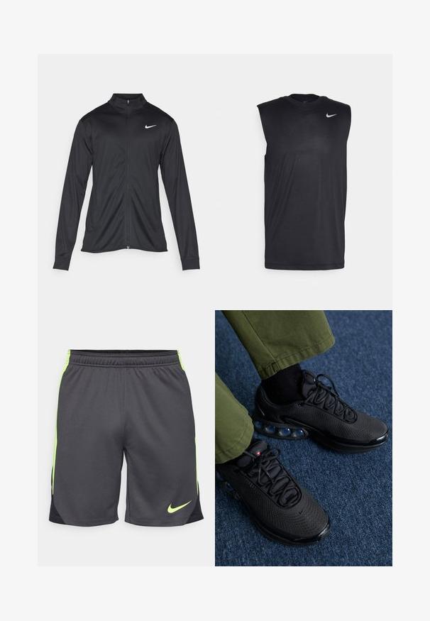 Črna atletska jakna z dolgimi rokavi, ovratnikom in polnim zadrgo. Vključuje diskreten bel Nike logotip na zgornjem levem delu prsnega koša. Gladka tekstura.; Črna brezrokavna športna majica iz gladkega materiala, s krožnim izrezom in majhnim belim Nike logotipom v obliki kljukice na zgornji levi strani.; Moške športne hlače, narejene iz lahkotnega sivega blaga z neonsko zelenimi poudarki in črnim stranskim panelom. Imajo elastičen pas za udobje.; Črne športne čevlje z mrežastim zgornjim delom, teksturirano površino in vidnimi zračnimi blazinicami. Kombinirani z olivno zelenimi hlačami in črnimi nogavicami.
